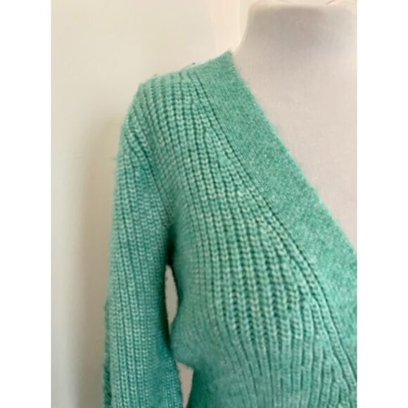 VTG 90s y2k Green Knit Cropped Sweater Mutton Sleeves Cable Argyle Cardigan Med - Picture 5 of 16
